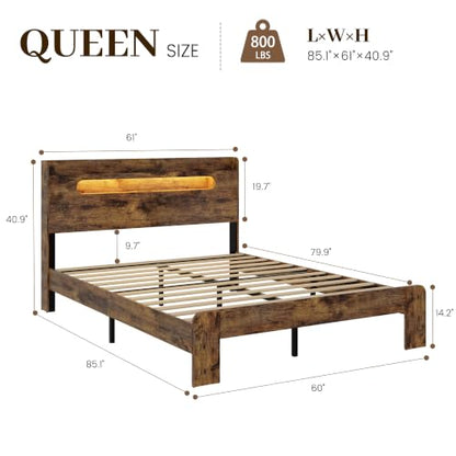 Queen Bed Frame, 2-Tier Storage Headboard Platform Bed, Rustic Brown | Farmhouse Wooden Bed Frame with Charging Station and LED Light, Heavy Duty Wood Slat Support, No Box Spring Needed
