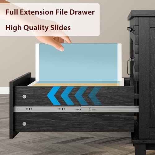 Farmhouse Executive Desk with File Drawers, 60 in Home Office Desk with Charging Station, Wooden Computer Desk with Cabinet Storage for Work Study Writing, Rustic Black