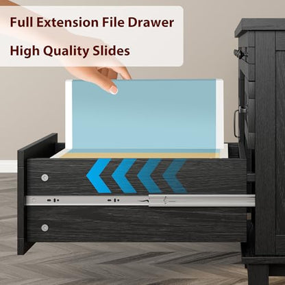 Farmhouse Executive Desk with File Drawers, 60 in Home Office Desk with Charging Station, Wooden Computer Desk with Cabinet Storage for Work Study Writing, Rustic Black