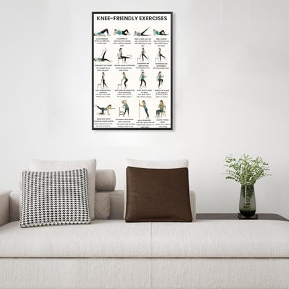 Knee-Friendly Low Impact Workout Poster, 16 Illustrated Joint-Safe Leg & Core Training Chart, Chair Supported Gentle Exercise Reference for Sensitive Knee Rehabilitation & Senior Home Fitness(8x12inchs，Unframed)