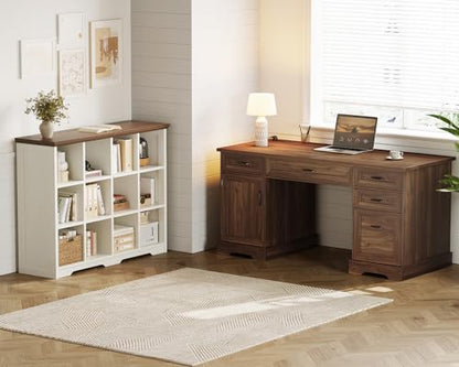 Farmhouse 59 Inch Executive Desk with Drawers, Walnut