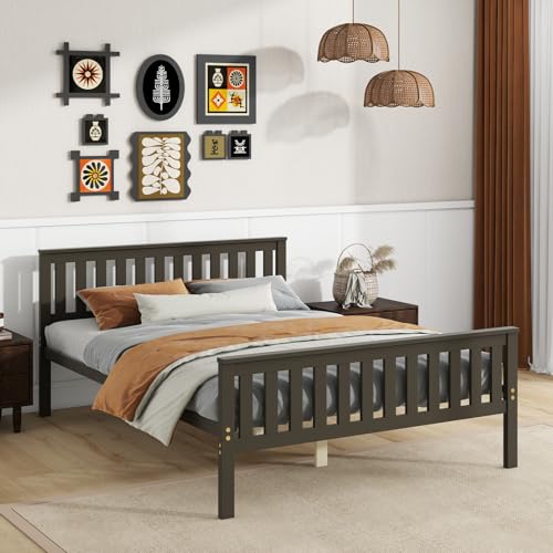 Full Size Wood Platform Bed Frame, Mid Century Full Bed Frame with Headboard, Wood Slat Support, Double Bed Frame, No Box Spring Needed, Easy Assembly, Espresso