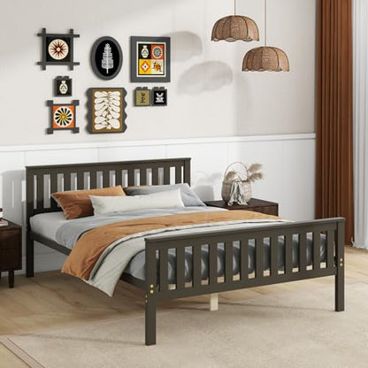 Full Size Wood Platform Bed Frame, Mid Century Full Bed Frame with Headboard, Wood Slat Support, Double Bed Frame, No Box Spring Needed, Easy Assembly, Espresso