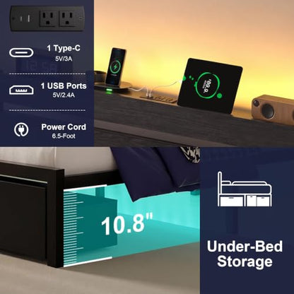 Queen Bed Frame with Drawers, Platform Bed with LED Lights & Charging Station, Wood Headboard, Strong Metal Slats Support, No Box Spring Needed, Noise Free, Easy Assembly