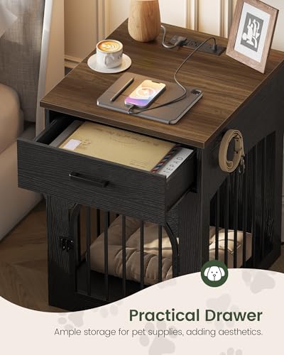 Dog Crate Furniture, Wooden Dog Kennel with Charging Station and Storage Drawer, Indoor Pet Crate End Table for Small Breeds,Dog Cage for Living Room, Bedroom, Black and Walnut MGW01UBL