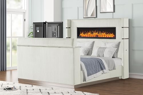 King Bed Frame with Fireplace and TV Stand - Wood Platform Bed with 68" Tall Headboard and Storage, Upholstered Sleigh Bed, Velvet Bedframe with TV Mount and USB Ports for Bedroom Furniture, Beige