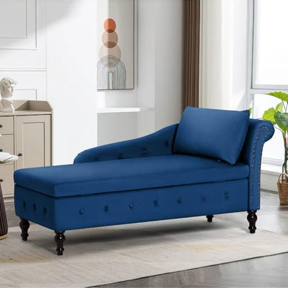 Velvet Chaise Lounge w/Right Armrest & Storage Space, Blue