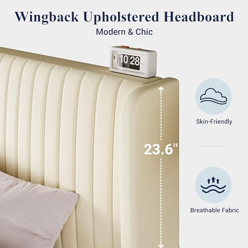Full Size Velvet Bed Frame/Vertical Channel Tufted Wingback Headboard/Upholstered Platform Bed/Strong Wooden Slats/No Box Spring Needed/Easy Assembly/Cream White