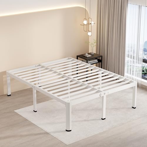 18 Inch Queen Bed Frames White with Round Corner Legs Mattress Stopper