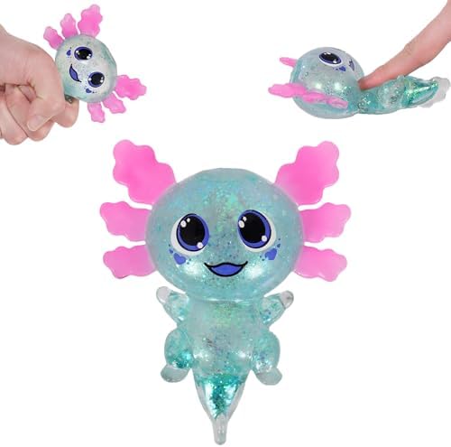 Axolotl Squishy Toy Squeeze Stress Relief Fidget Sensory Toy for Kids Adults, Cute Handheld Stress Ball for Anxiety and Focus, Purple Big Ears(Blue)