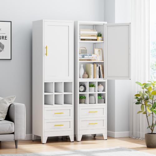 Tall Storage Cabinet with Door, Drawers & Wine Rack, Freestanding White Pantry Cupboard with Golden Handles, Modern Display Cabinet for Kitchen Living Room (White)