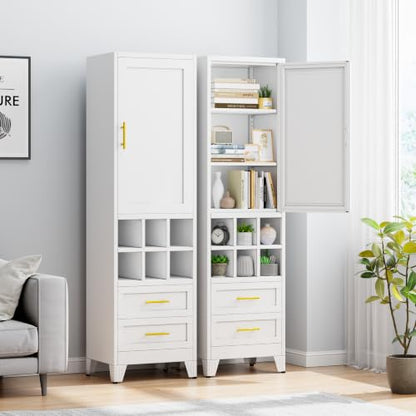 Tall Storage Cabinet with Door, Drawers & Wine Rack, Freestanding White Pantry Cupboard with Golden Handles, Modern Display Cabinet for Kitchen Living Room (White)