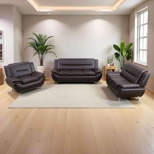 Leather Sectional Sofa Couches, Living Room Furniture Sets, 3 Pieces Modern Couch Set, Faux Leather Sofa Loveseat Chair Set with Sturdy Legs for Living Room/Bedroom/Office, Dark Brown