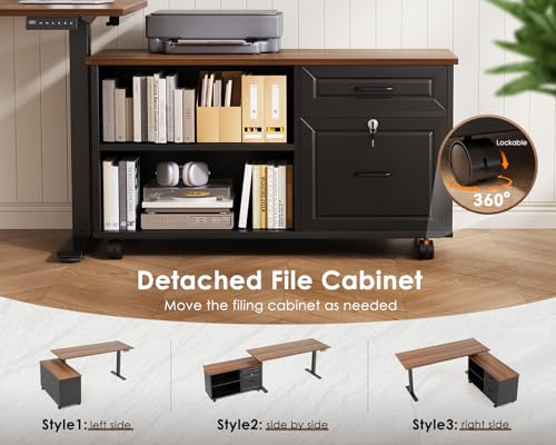 55" L Shaped Electric Standing Desk with Cabinet Sets, Walnut/Black