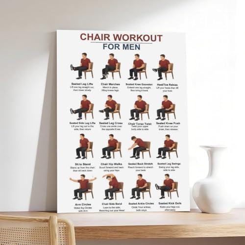 Tai Chi Chair Workouts for Men Chair Exercise Chart Home Workout Plan Canvas Poster Wall Art for Living Room Bedroom Decor Frame 16x24inch