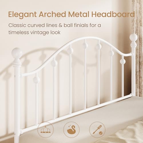 Queen Metal Bed Frame, Victorian Style Platform Bed with Curved Headboard and Classic Footboard, No Box Spring Needed, White