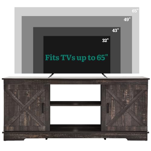 Farmhouse TV Stand for 65 Inch TV, Mid Century Modern Entertainment Center with Double Barn Doors, Rustic TV Media Console TV Cabinet for Living Room, Dark Oak