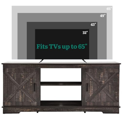 Farmhouse TV Stand for 65 Inch TV, Mid Century Modern Entertainment Center with Double Barn Doors, Rustic TV Media Console TV Cabinet for Living Room, Dark Oak