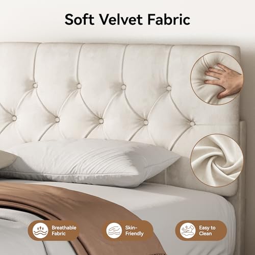 Queen Upholstered Bed Frame, White Velvet Cloud Platform Bed