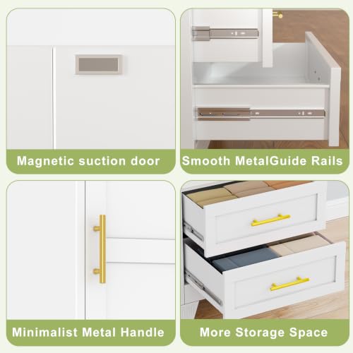 Tall Storage Cabinet with Door, Drawers & Wine Rack, Freestanding White Pantry Cupboard with Golden Handles, Modern Display Cabinet for Kitchen Living Room (White)