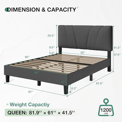 Queen Size Bed Frame Upholstered Queen Bed Frame with 3-Height Adjustable Headboard, Strong Weight Capacity, No Box Spring Needed, Easy Assembly, Grey