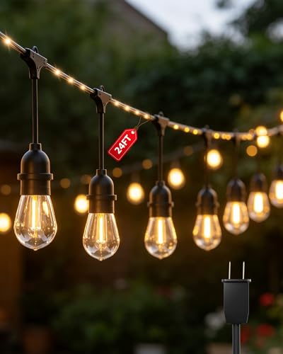 Outdoor String Lights With Lighted Tubing 24 ft, Commercial Grade String Lights with 13 (12+1spare) S14 Edison Bulbs & 72-LED Lighted Tubing, IP65 Waterproof Bistro Light for Patio, 2700K Warm White
