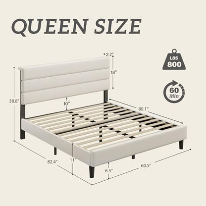 Queen Bed Frame, Platform Bed Frame with Velvet Upholstered Headboard, No Box Spring Needed, Sturdy Metal Support, Noise Free, Easy Assembly, Modern Bedroom Furniture, Beige
