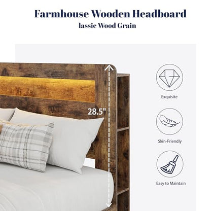 Queen Wood Bed Frame with Storage Headboard and Charging Station