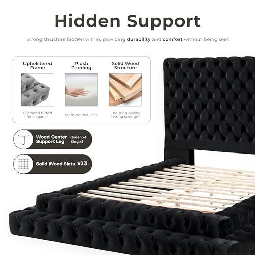 Sable Fabric Upholstered Step Up Queen-Size Platform Bed with Oversized Headboard, Deep Button Tufting, No Box Spring Required for Bedroom, Guest Room, Black