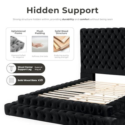 Sable Fabric Upholstered Step Up Queen-Size Platform Bed with Oversized Headboard, Deep Button Tufting, No Box Spring Required for Bedroom, Guest Room, Black