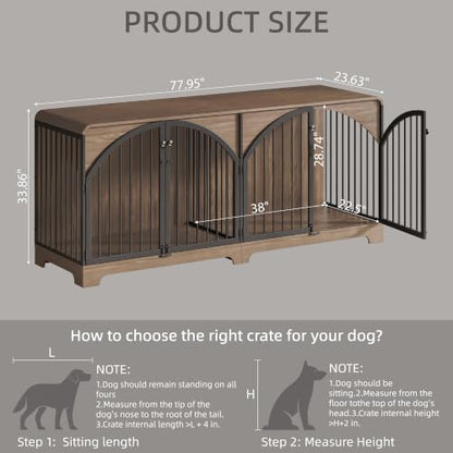 78" Farmhouse Dog Crate Furniture for 2 Large Dogs,Double Door Wooden Dog Kennel with Divider, Decorative Pet House End TV Stand for Living Room,Light Walnut