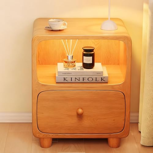 Wood Nightstand with Drawers,Bedside Table with Open Shelf Compact Cabinet for Small Bedrooms Practical No Assembly Required Sturdy Bedside Storage