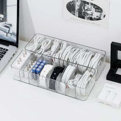 Cable Cord Storage Box with Adjustable Dividers, 2 Pack, Clear