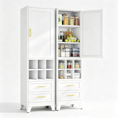 Tall Storage Cabinet with Door, Drawers & Wine Rack, Freestanding White Pantry Cupboard with Golden Handles, Modern Display Cabinet for Kitchen Living Room (White)