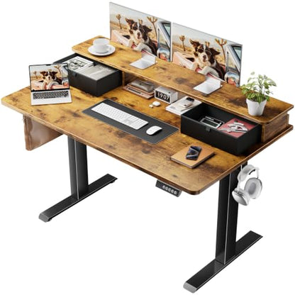 47x28 in Electric Standing Desk with Drawers, Adjustable Table, Brown