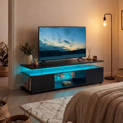 Black TV Stand,LED for Living Room,Glass Entertainment Center TV Stand, TV Console Tables for Living Room,Bedroom,Home Office (White)