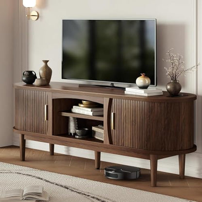 Mid Century TV Stand for TVs up to 65 Inches, Entertainment Center with Storage, Power Outlet, Fluted Sliding Doors & Adjustable Shelves, Modern Media TV Console Table for Living Room (Walnut)