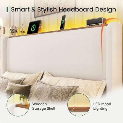 Queen Size Bed Frame with LED Lights and Charging Station Linen Upholstered Platform Bed Frame with 51.2" Tall Headboard Wingback and Storage Shelf, No Box Spring Needed, Noise Free, Beige