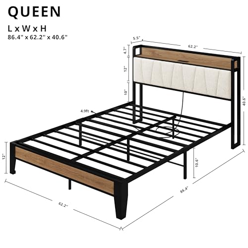 Queen Bed Frames, Storage Headboard with Charging Station, Solid and Stable, Noise Free, No Box Spring Needed, Easy Assembly, Wood and Cream