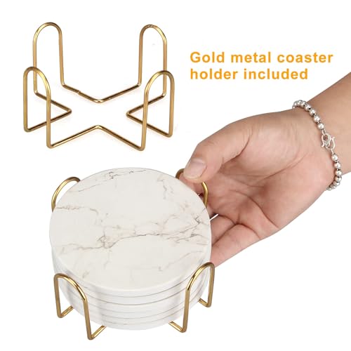 6 Pack White Marble Coaster Set with Holder Absorbent Drink Coasters Ceramic Cute Coaster Bar Dining Coffee Table Accessories Decor Gift Funny Cup Stone Modern Costers Cool Desk Beer Cork Coasters