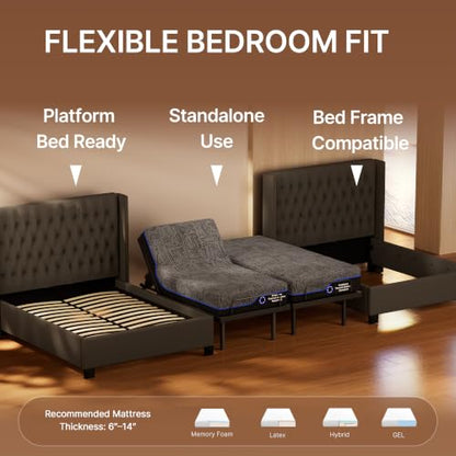 Adjustable Bed Frame Split King with 3 Motors, Adjustable Beds with Massage, Head & Foot Lift, Pillow Tilt, Zero Gravity & Anti-Snore, App & Wireless Remote Control, Easy Assembly