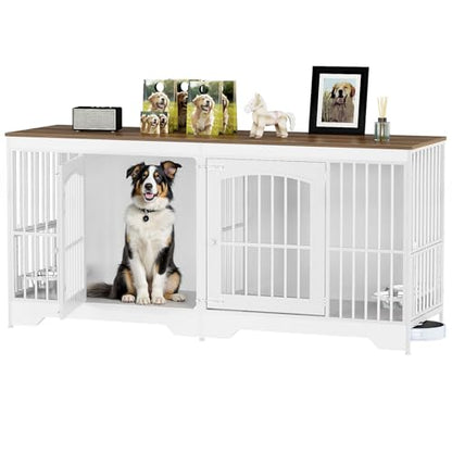 74.8” Dog Crate Furniture for 2 Dogs, Wooden Dog Kennel Indoor with Dog Bowls, Extra Large Double Doors Dog Crate TV Stand, Dog Kennel with Divider, White and Walnut