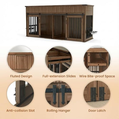 71'' Double Dog Crate Furniture, XXL Dog Kennel TV Stand,Walnut