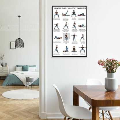 16 Inner Thigh Workout Exercise Poster, Bodyweight Adductor Training Chart Featuring Illustrated Home Fitness Moves for Beginner & Intermediate Leg Toning, Gym & Home Workout Reference Guide with Rep Count Instruction(20x30inchs，Black Framed)