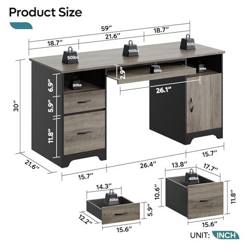 59" Executive Desk, File Drawer, Keyboard Tray & 2 Drawers, Gray