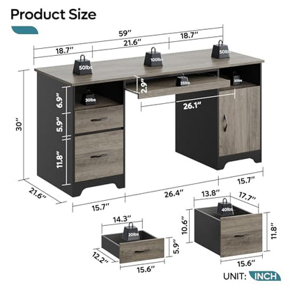 59" Executive Desk, File Drawer, Keyboard Tray & 2 Drawers, Gray