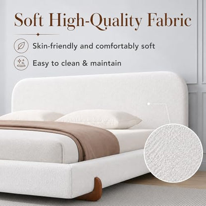 California King Size Bed Frame, Elegant Chenille Bed Frame with Unique Design Solid Wood Legs, Curve-Shaped Upholstered Platform Bed with 4-Inch Thick Double-Sided, 800 lb Capacity, White