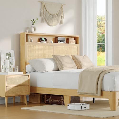 Queen Rattan Bed Charging Station LED Bohemian Bedroom