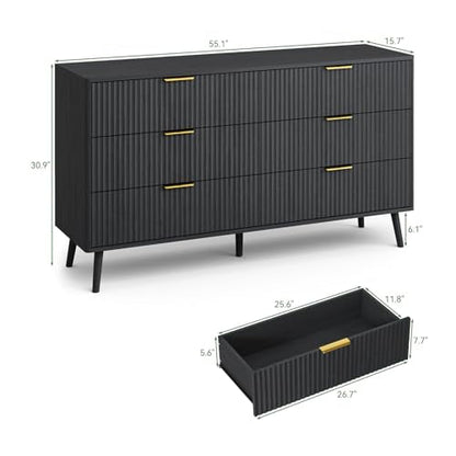 Fluted Dresser and Nightstand Sets 3 Piece, 6-Drawers Dresser and 1-Drawer Nightstands Set of 2, Wood Bedroom Furniture Set for Home, Bedroom, Hallway, Black