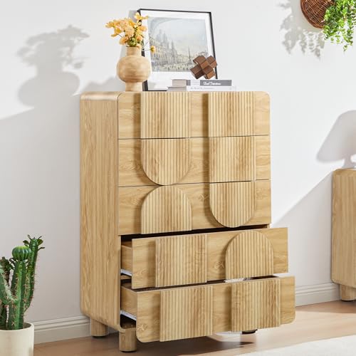 Fluted 5 Drawers Dresser for Bedroom, 46" Tall Dressers & Chest of Drawers w/Curved Profile Design, Wood Mid Century Modern Vertical Storage Dressers Organizer for Living Room, Hallway, Natural Oak